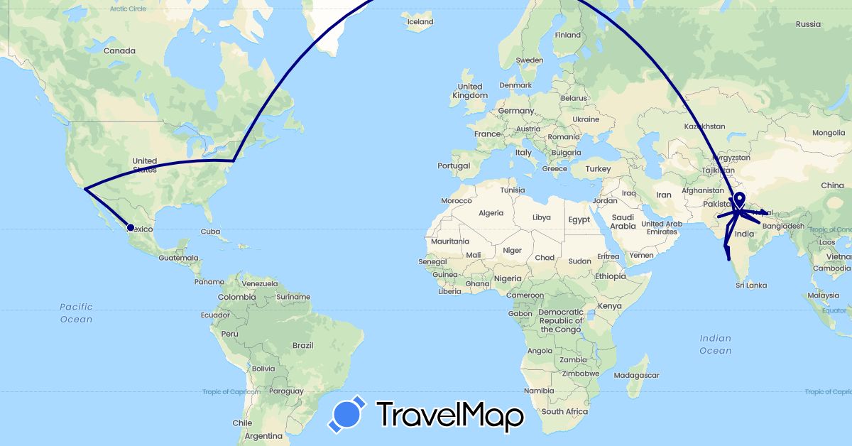 TravelMap itinerary: driving in India, Mexico, Nepal, Pakistan, United States (Asia, North America)